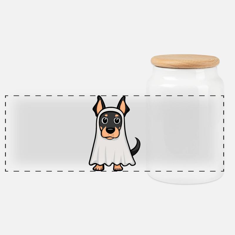 Dobermann Hund Halloween Geist - Panorama Keksdose mit Holzdeckel - Weiß
