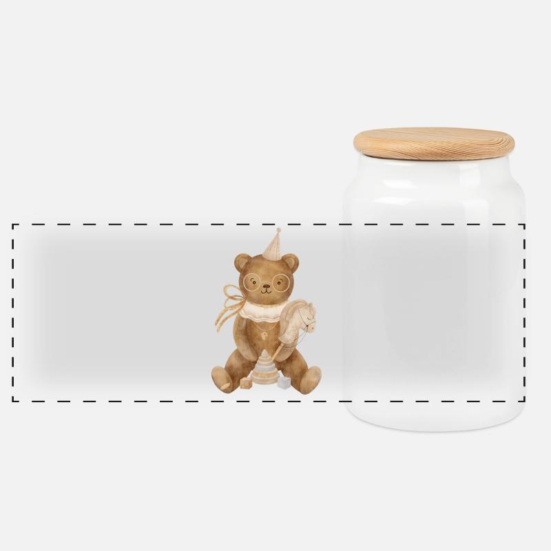 Teddybär Geburtstagsfeier - Panorama Keksdose mit Holzdeckel - Weiß