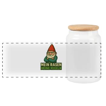 GartenGnom Spruch: Mein Rasen Meine Regeln - Panorama Keksdose mit Holzdeckel - Weiß - Vorne