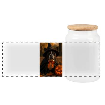 Halloween Dog in Witch Costume - Panoramic Cookie Jar with Wooden Lid - white - Front