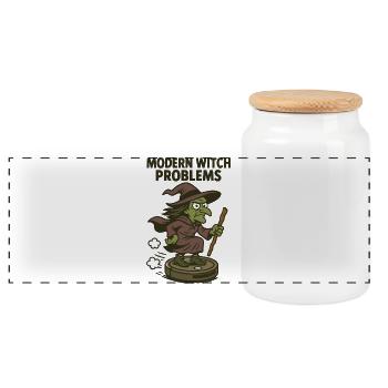 Modern Witch Problems – Funny Witch Design - Panoramic Cookie Jar with Wooden Lid - white - Front