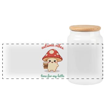 Autumnal Mushroom Pumpkin Spiced Latte Kawaii - Panoramic Cookie Jar with Wooden Lid - white - Front