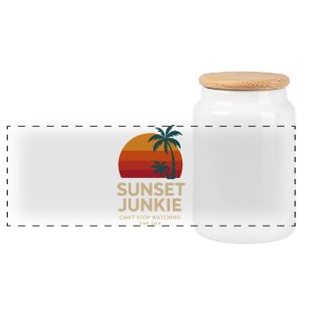Sunset Junkie – Tropisches Sunset Lover Shirt - Panorama Keksdose mit Holzdeckel - Weiß - Vorne