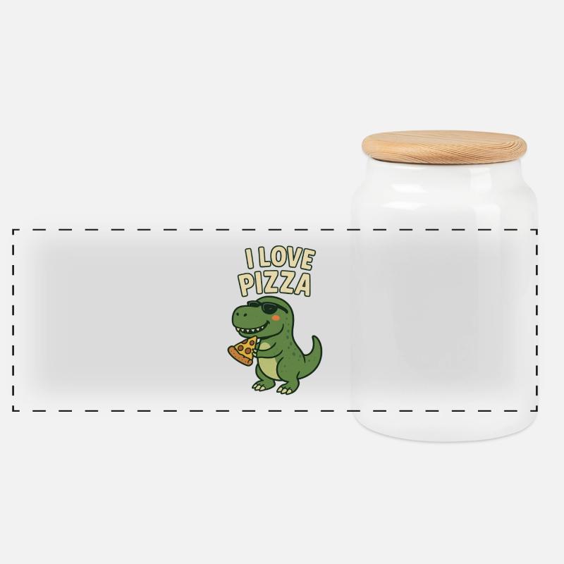 I Love Pizza Dino - Panorama Keksdose mit Holzdeckel - Weiß