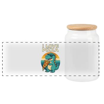 Cool Dino Loves Pizza - Panorama Keksdose mit Holzdeckel - Weiß - Vorne