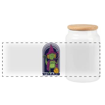 Wizard Lizadr Reptile Weird Cartoon - Panoramic Cookie Jar with Wooden Lid - white - Front
