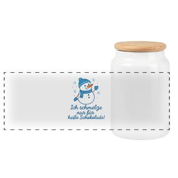 Snowman Melt, Hot Chocolate Christmas - Panoramic Cookie Jar with Wooden Lid - white - Front