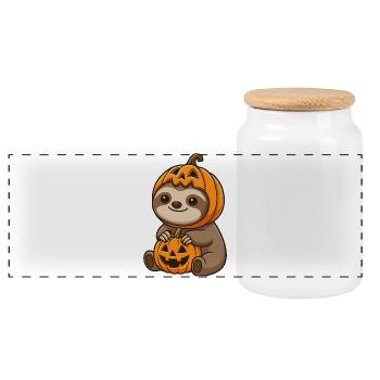 Cute Sloth Halloween Hat Pumpkin Cartoon October - Panoramic Cookie Jar with Wooden Lid - white - Front