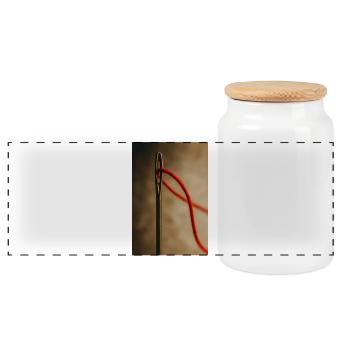 Thread Through Eye of the Needle - Panoramic Cookie Jar with Wooden Lid - white - Front