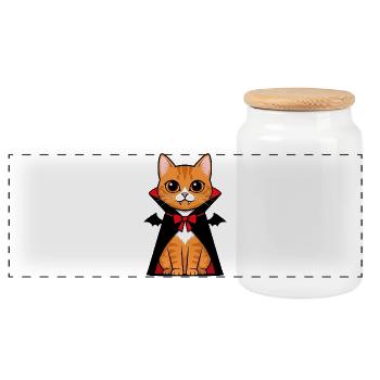 Cute Halloween Cat Vampire Chibi Cartoon Design - Panoramic Cookie Jar with Wooden Lid - white - Front