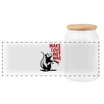 Rat with red text Love instead of war - Panoramic Cookie Jar with Wooden Lid - white - Front