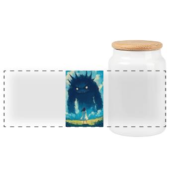 A girl faces a monster - Panoramic Cookie Jar with Wooden Lid - white - Front
