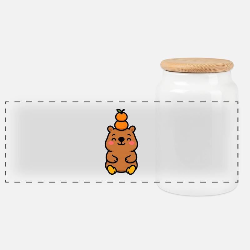 Capybara mit Mandarine auf dem Kopf - Panorama Keksdose mit Holzdeckel - Weiß