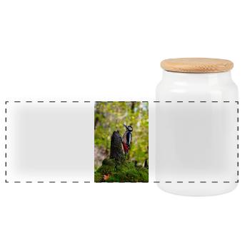 Woodpecker on Mossy Log - Panoramic Cookie Jar with Wooden Lid - white - Front