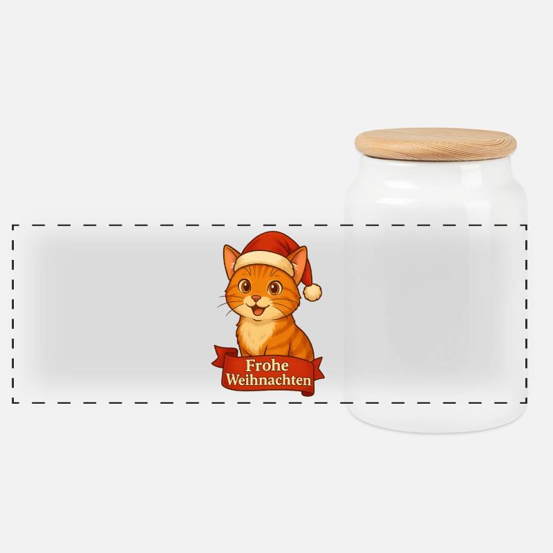 Katzenweihnachtskater mit Santa-Hut - Panorama Keksdose mit Holzdeckel - Weiß