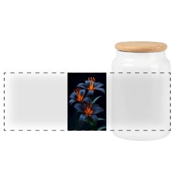 Lys bleus avec floraison nocturne centrale orange - Boîte à biscuits avec couvercle en bois - blanc - Devant