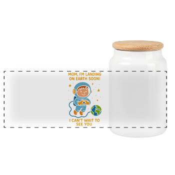 Mom I’m Landing Soon Baby Boy Space Pregnancy  - Panoramic Cookie Jar with Wooden Lid - white - Front