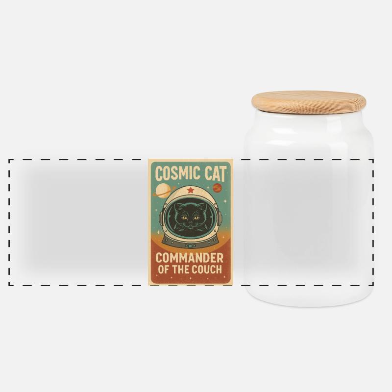 Cosmic Cat – Commander of the Couch | Retro Design - Panorama Keksdose mit Holzdeckel - Weiß