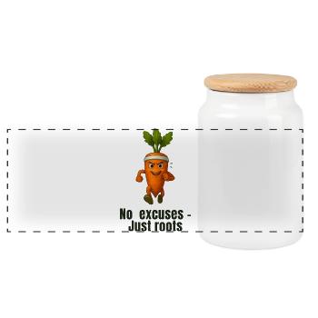 Carrot No Excuses Just Roots Caricature - Panoramic Cookie Jar with Wooden Lid - white - Front
