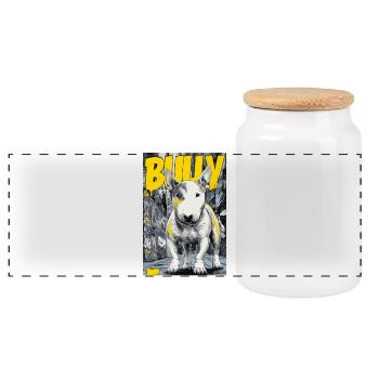 Bullterrier – Urbaner Streetdog im Comicstyle - Panorama Keksdose mit Holzdeckel - Weiß - Vorne