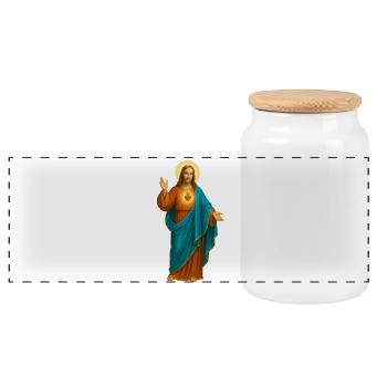 Sacred Heart Iconic Print - Panoramic Cookie Jar with Wooden Lid - white - Front