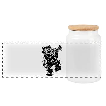 Jazz cat trumpet in rockabilly - Panoramic Cookie Jar with Wooden Lid - white - Front