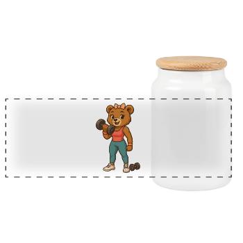 Cute Fitness Teddy Bear – Strong & Sweet Gym Girl  - Panorama Keksdose mit Holzdeckel - Weiß - Vorne
