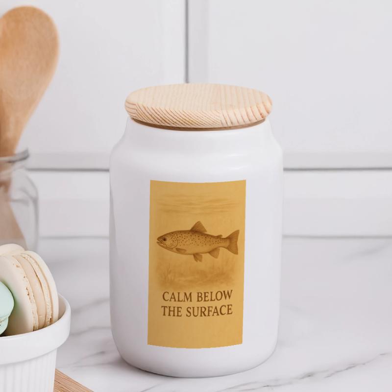 Calm Below the Surface Trout Print Panoramic Cookie Jar with Wooden Lid