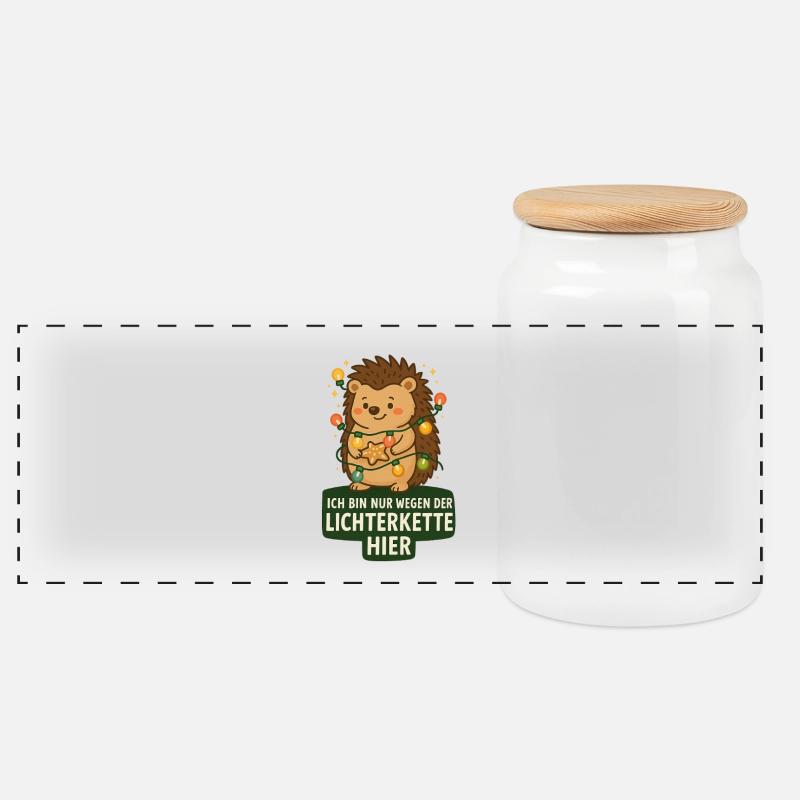 Igel mit Lichterkette - Panorama Keksdose mit Holzdeckel - Weiß