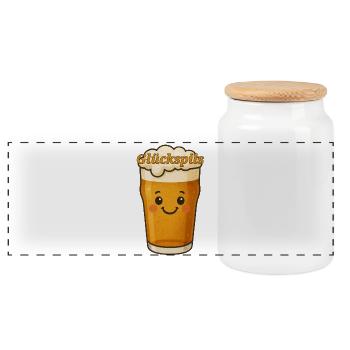Happy Beer – Cute „Glückspils“ Cartoon Design - Panorama Keksdose mit Holzdeckel - Weiß - Vorne