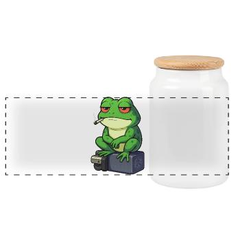 Frog Relax with a Cigarette - Panoramic Cookie Jar with Wooden Lid - white - Front