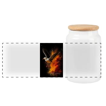 Seagull flight in front of fire dust - Panoramic Cookie Jar with Wooden Lid - white - Front