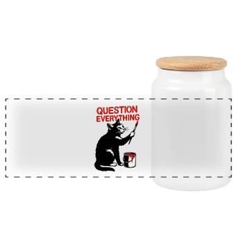 Questioning Everything: Cat Art - Panoramic Cookie Jar with Wooden Lid - white - Front