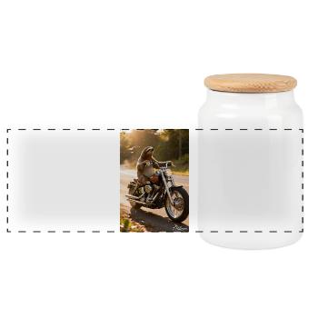 Sloth on motorcycle - Panoramic Cookie Jar with Wooden Lid - white - Front
