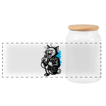 Cat singer with microphone - Panoramic Cookie Jar with Wooden Lid - white - Front