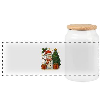Bonhomme de neige de Noël avec sapin et cadeaux - Boîte à biscuits avec couvercle en bois - blanc - Devant