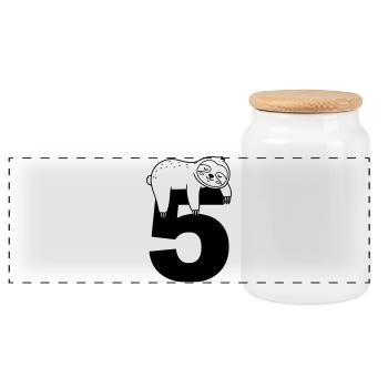 Sleeping sloth on the number five - Panoramic Cookie Jar with Wooden Lid - white - Front
