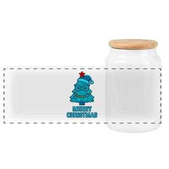 Blue cartoon Christmas tree with glasses - Panoramic Cookie Jar with Wooden Lid - white - Front