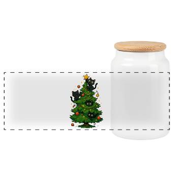 Schwarze Katzen am Weihnachtsbaum - Panorama Keksdose mit Holzdeckel - Weiß - Vorne