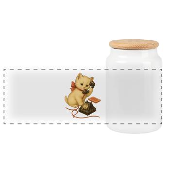 Kitten on the phone retro look - Panoramic Cookie Jar with Wooden Lid - white - Front