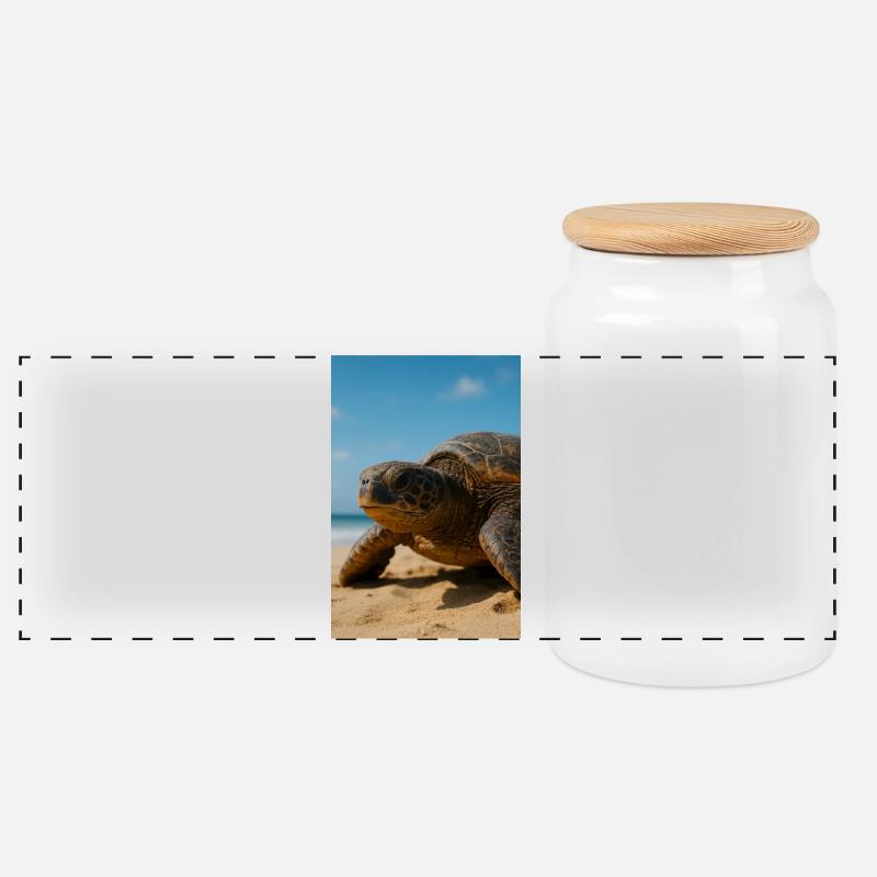 Schildkröte am Strand im Sonnenschein - Panorama Keksdose mit Holzdeckel - Weiß