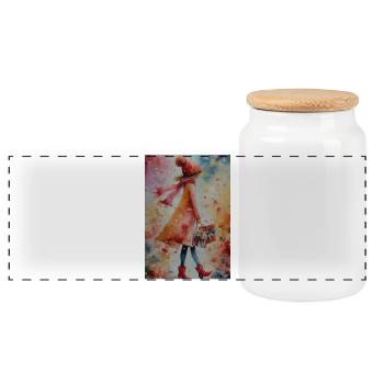 Winter Gift Walk Watercolor - Panoramic Cookie Jar with Wooden Lid - white - Front
