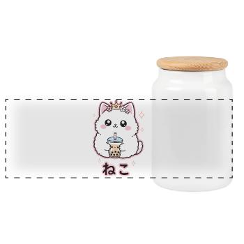Katzenkönigin mit Bubble Tea - Panorama Keksdose mit Holzdeckel - Weiß - Vorne