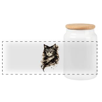 Watercolor Cat Portrait with Ink Splash - Panoramic Cookie Jar with Wooden Lid - white - Front