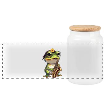 Jazz frog with saxophone - Panoramic Cookie Jar with Wooden Lid - white - Front