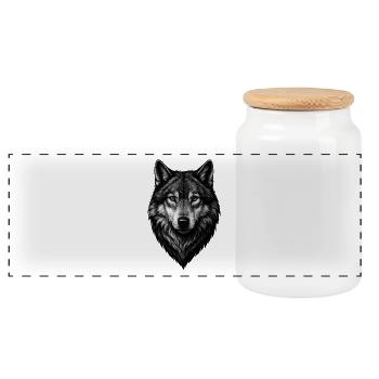Wolf Head Black and White Illustration - Panoramic Cookie Jar with Wooden Lid - white - Front
