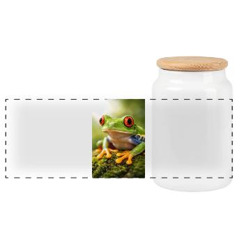 Green frog in sunshine eyes - Panoramic Cookie Jar with Wooden Lid - white - Front