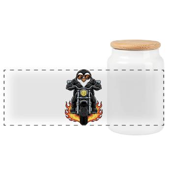 Cool Biker Penguin Motorcycle Flames - Panoramic Cookie Jar with Wooden Lid - white - Front
