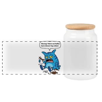 Monday? Not Even Coffee Helps - Zooki Monster - Panoramic Cookie Jar with Wooden Lid - white - Front