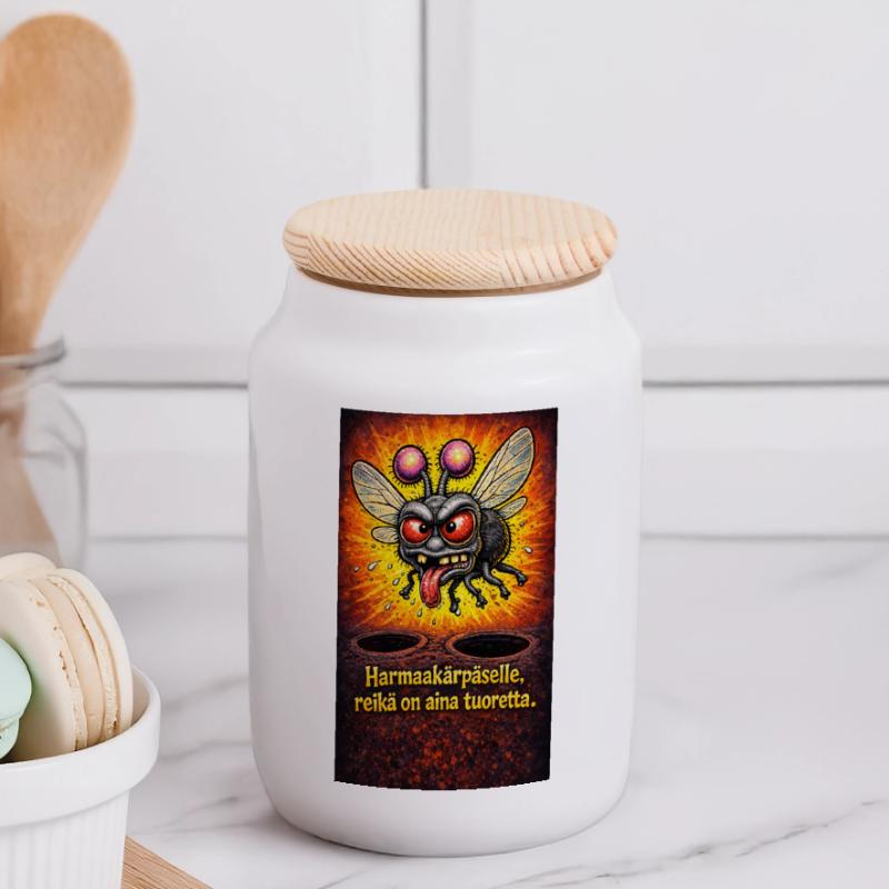 For a grey fly, the hole is always a source of dust Panoramic Cookie Jar with Wooden Lid